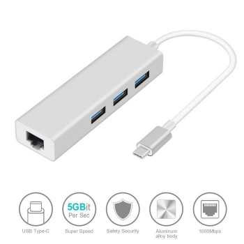 Adaptateur Hub USB TYPE C Mâle convertisseur vers 3 Ports USB 3.0 et RJ45 Gigabit Ethernet (10/100/1000M) pour MacBook
